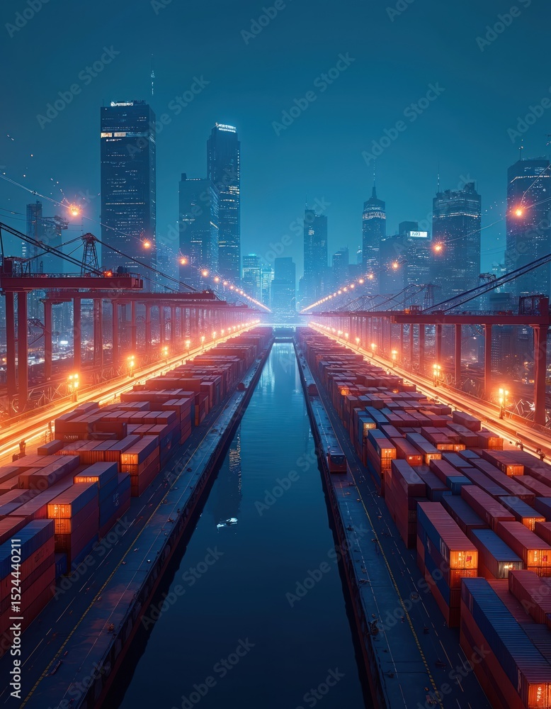 Fototapeta premium Illustration of night city cargo port. Shipping containers, cranes, city skyline with skyscrapers. Logistics, transportation, industry, infrastructure. Modern tech, global commerce, import export