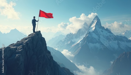 Businessman holds red flag peak. Symbolic representation business success, reaching goals, overcoming challenges. Concept of ambition, leadership, achievement, motivation, overcoming obstacles,