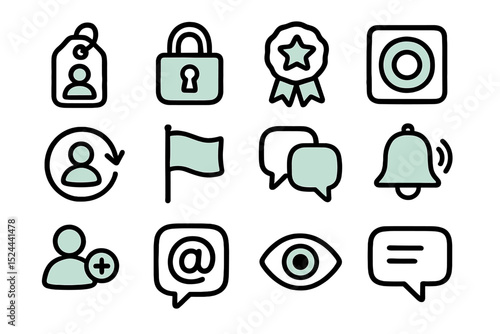 Black and gray icon set featuring lock, flag, medal, and messaging symbols