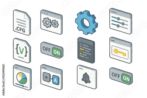Vector icon set of configuration and settings tools in isometric style