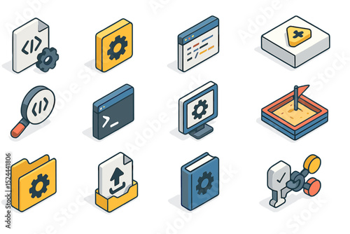 Isometric icons representing software development and programming tools