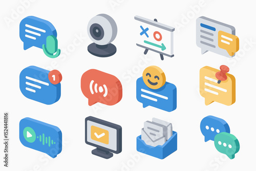 Colorful isometric communication and media icons on transparent background