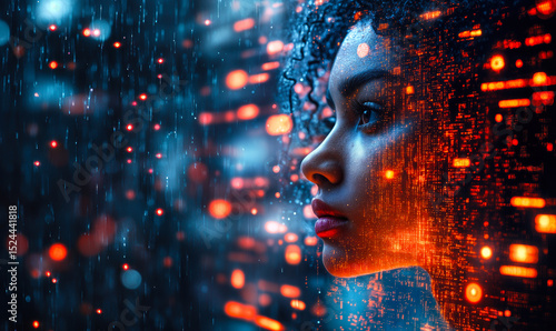 Profile of woman face with digital data code pattern overlay in futuristic abstract technology concept illustration of artificial intelligence and cybersecurity defense systems protection