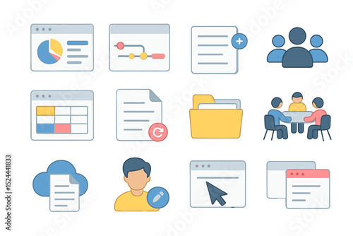 Business management icons set featuring people, documents, and charts