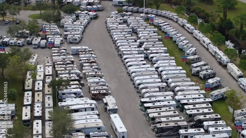 RV dealer parking lot with camping travel trailers for sale in Florida.