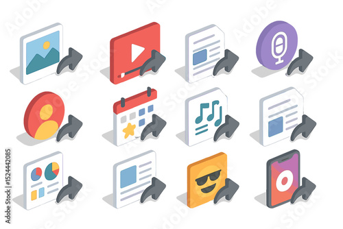 Multimedia sharing icons set with various content types in grid layout