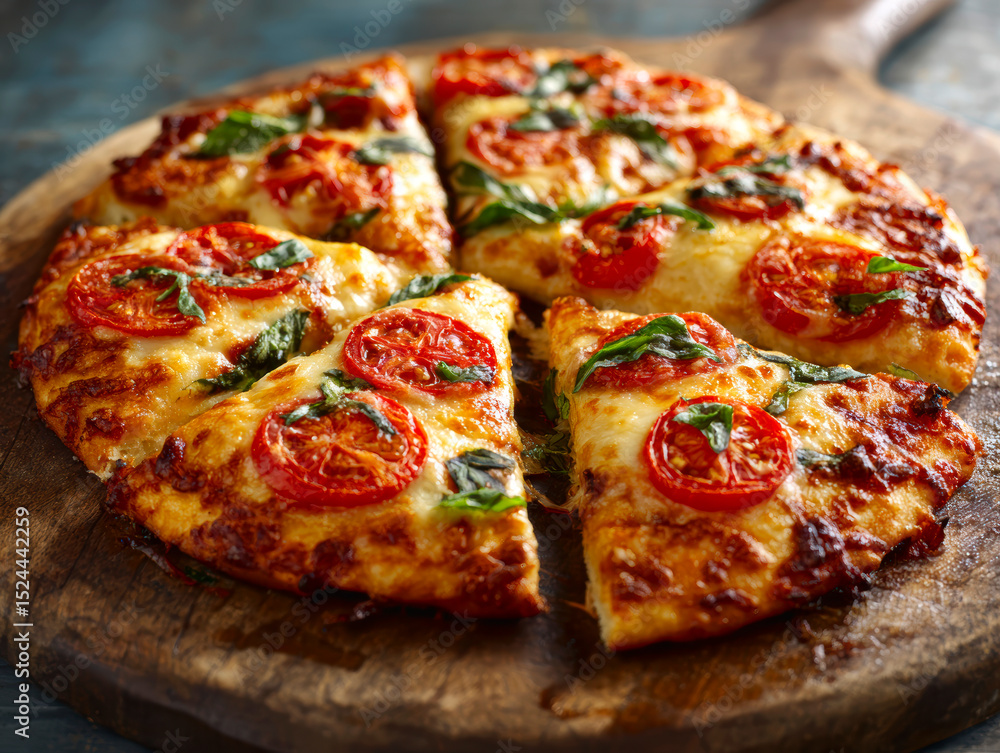 Six-Slice Pizza with Tomato, Basil, and Cheese Toppings Six-Slice Pizza with Tomato, Basil, and Cheese Toppings