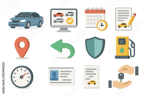 Car rental icons set with calendar, shield, location, and documents