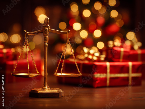 Scales of justice balancing with red gift and christmas lights representing fair judgement during holidays