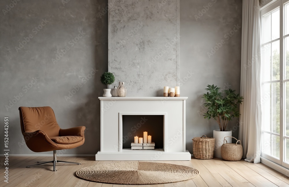 Fototapeta premium Modern living room interior design. Room features gray stone wall, fireplace, brown armchair, wicker carpet. Stylish home decor, plants, candles, window with natural light. Elegant comfortable