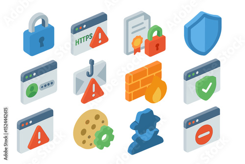 Cybersecurity icons: firewall, lock, shield, alerts, spyware, https, warnings