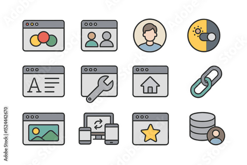 Icon set for web and app design with various tools and elements