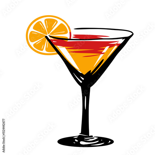 Colorful cocktail glass with orange slice and red garnish illustration  