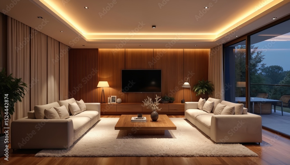 Fototapeta premium Modern living room with warm LED lighting. Cozy space with sofa, carpet, armchair, window, furniture, home decor. Interior design with elegant stylish details.