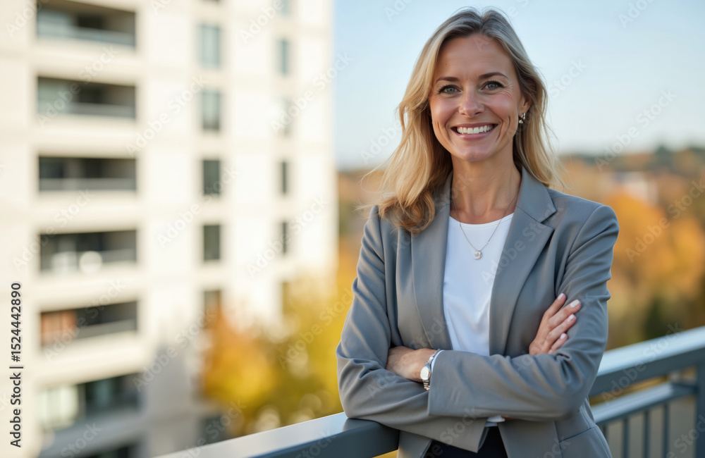 Fototapeta premium Successful businesswoman with crossed arms stands on office terrace. Smiling blond female in business suit, looks straight at camera with confidence. Professional, leadership concept. City background.