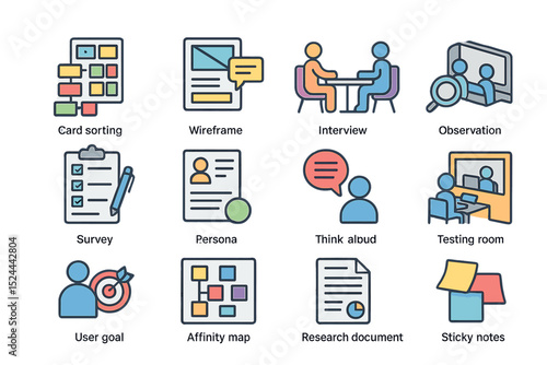 User experience icons: survey, wireframe, interview, observation, persona