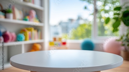 A 4K photo of bright white round table in the foreground with a soft-focus pastel children's room background featuring a window with natural light and greenery.