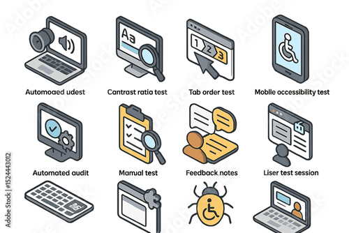 Web accessibility testing icons for digital inclusivity and usability