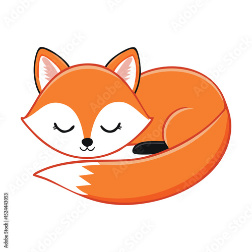 A cartoon illustration of a sleeping fox. The fox is curled up and peacefully dreaming