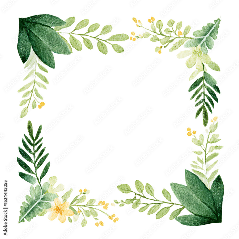 Fototapeta premium green botanical leaves frame border with natural foliage elements on transparent background for organic design templates