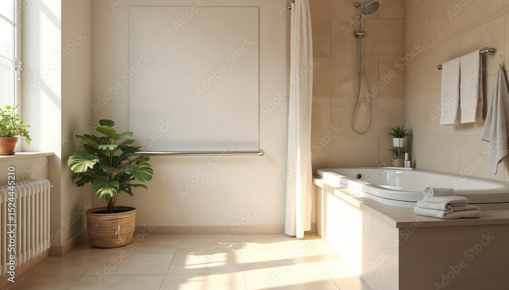 Fototapeta premium Bright, modern bathroom design with bathtub. Roomy, clean space features natural light. Accessible elements, handrail, towels. Plants add welcoming touch, comfort. Perfect for relaxation, hygiene,