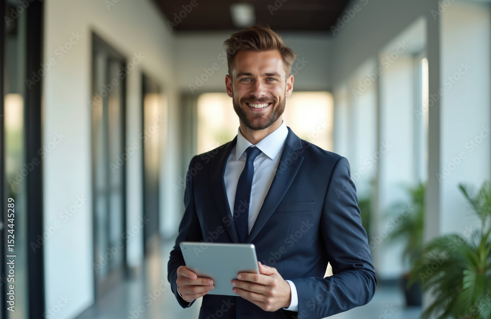 Smiling confident businessman holding tablet, standing in a modern office hallway. Smart dressed professional represents leadership and innovation. Successful corporate employee with a digital device. Smiling confident businessman holding tablet, standing in a modern office hallway. Smart dressed professional represents leadership and innovation. Successful corporate employee with a digital device.