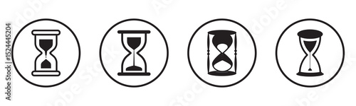 Sand watch icon set. Hourglass symbol. Sandglass logo. Flat vector illustration. Minimalist black silhouette of an hourglass with flowing sand on a white background