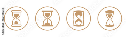 Sand watch icon set. Hourglass symbol. Sandglass logo. Flat vector illustration. Minimalist black silhouette of an hourglass with flowing sand on a white background