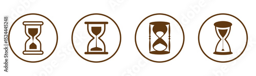 Sand watch icon set. Hourglass symbol. Sandglass logo. Flat vector illustration. Minimalist black silhouette of an hourglass with flowing sand on a white background