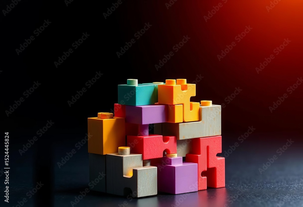Naklejka premium Abstract teamwork building blocks forming a business system, solving problems collaboratively, problem-solving, network