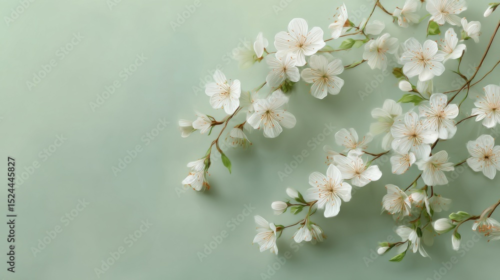 Obraz premium A 4K photo of delicate white flowers arranged asymmetrically on a soft green background, creating an elegant and serene Motherâ€™s Day themed backdrop.