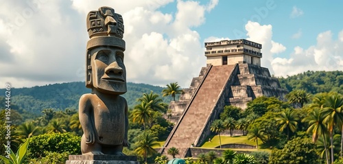 Ancient Moai statue overlooking Mayan pyramids, lush tropical backdrop,   ancient civilization,   historic site
