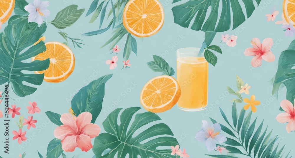 A tropical scene with a glass of orange juice A tropical scene with a glass of orange juice