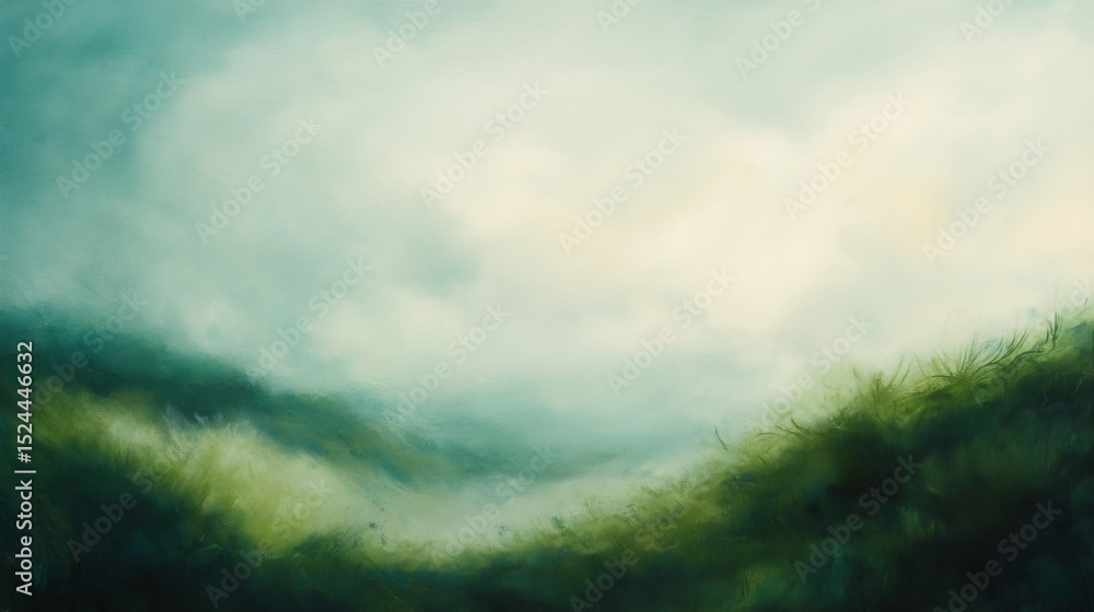 Naklejka premium A painting of a grassy hillside with a cloudy sky