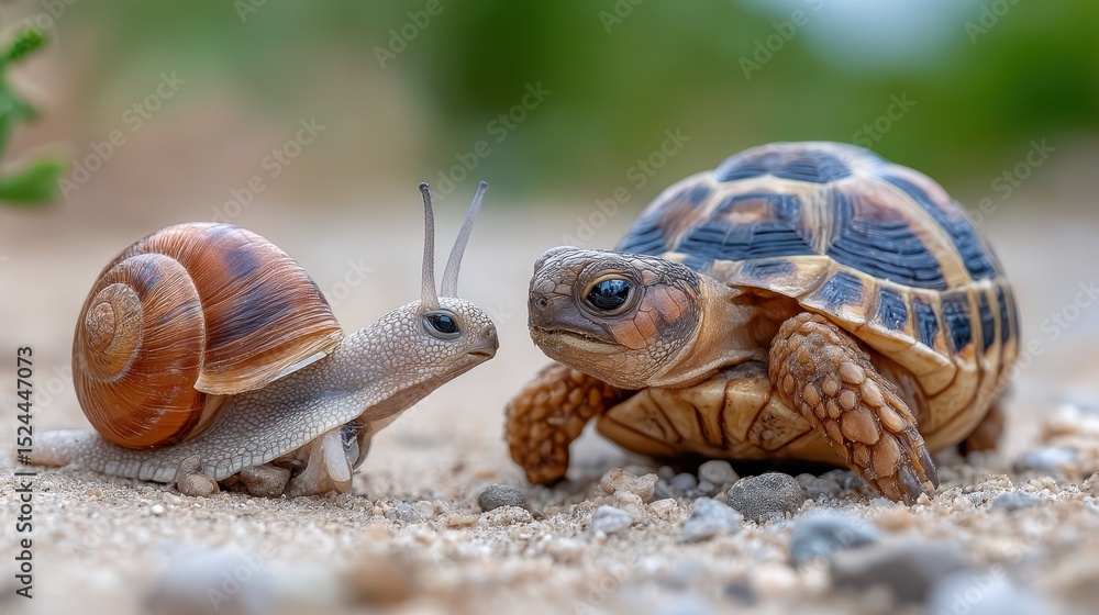 Obraz premium In this captivating scene, a snail and a tortoise are shown face-to-face, illustrating the diversity of nature and the beauty of different species coexisting peacefully.