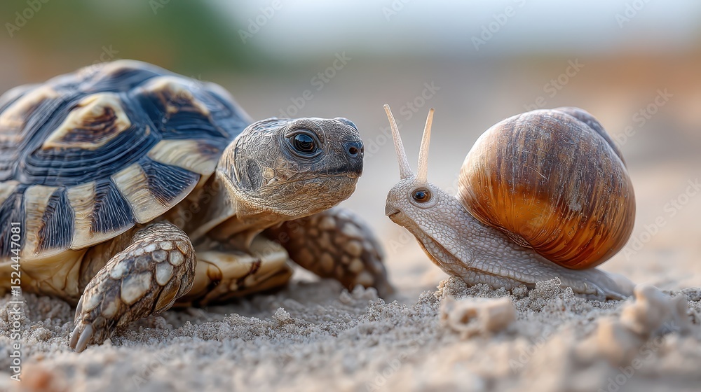 Naklejka premium This delightful close-up features a tortoise and a snail sharing a peaceful moment, symbolizing the beauty of friendship and diversity in the natural world.