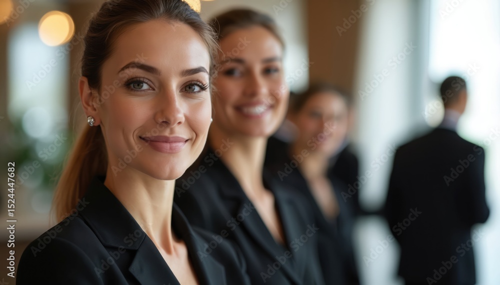 Friendly hotel staff smiling at camera. Pro employees, welcoming team in elegant attire. Hospitality, customer service, client support, receptionist, hotel business and management. Friendly hotel staff smiling at camera. Pro employees, welcoming team in elegant attire. Hospitality, customer service, client support, receptionist, hotel business and management.