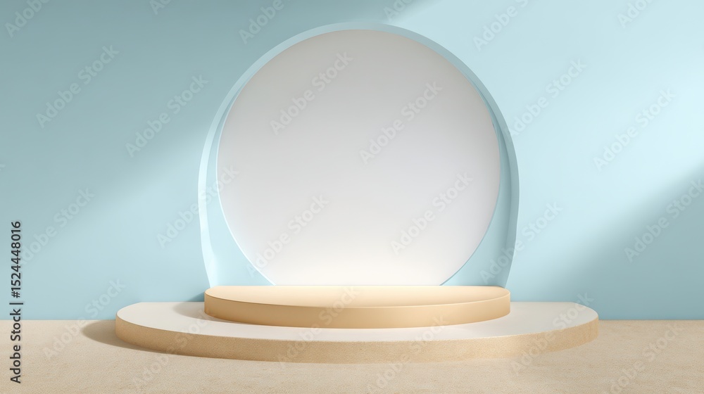 A 4K photo of 4K photo of elegant display stage mockup, minimal background in pale blue and white, clear circle surface and soft tan floor perfect for cosmetics or tech. A 4K photo of 4K photo of elegant display stage mockup, minimal background in pale blue and white, clear circle surface and soft tan floor perfect for cosmetics or tech.
