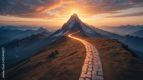 A glowing path leading to the peak of a mountain at dawn, symbolizing the pursuit of goals, inspiration, and the journey to achievement and success. 4k video 