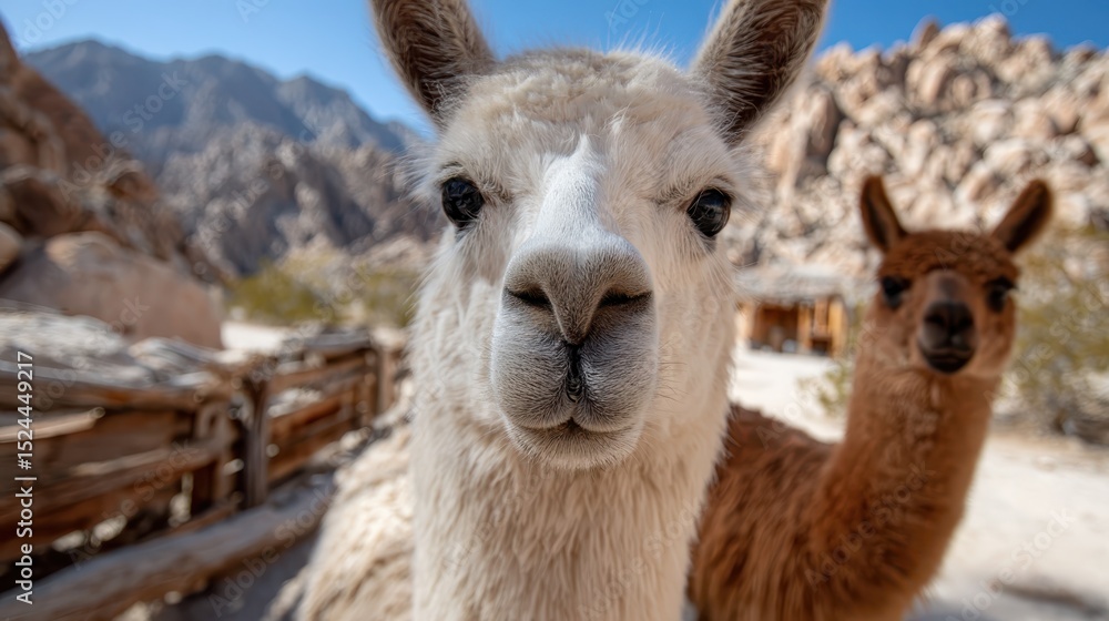 Obraz premium In a captivating desert landscape, two llamas stand prominently, with majestic mountains in the backdrop, showcasing their natural habitat and serene beauty.