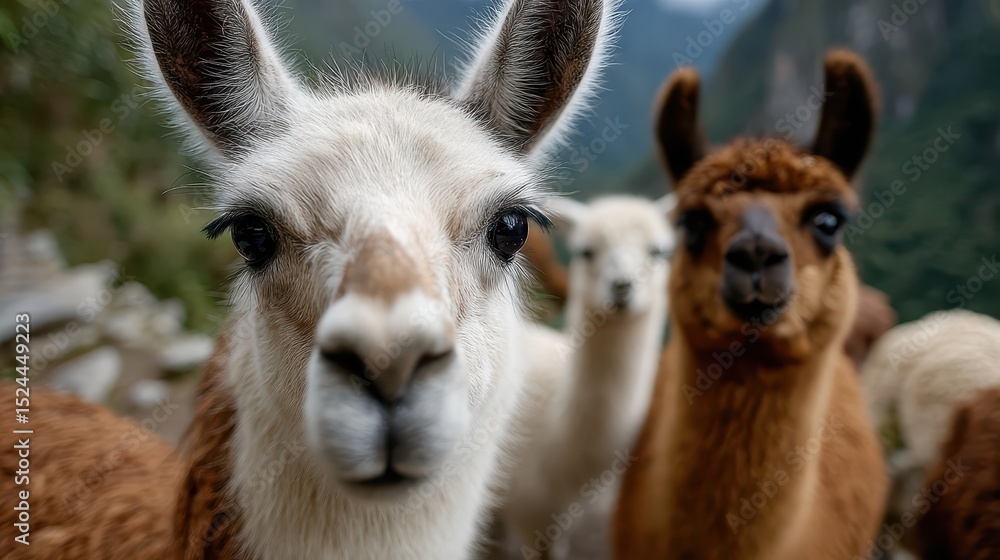 Obraz premium In a breathtaking mountainous environment, a group of llamas gathers together, their various colors contrasting beautifully against the deep greens and rugged landscape.