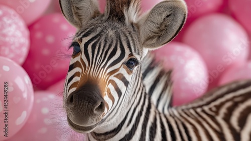 An adorable zebra foal captured beautifully among whimsical pink balloons, creating a joyful and vibrant scene that evokes happiness and innocence.