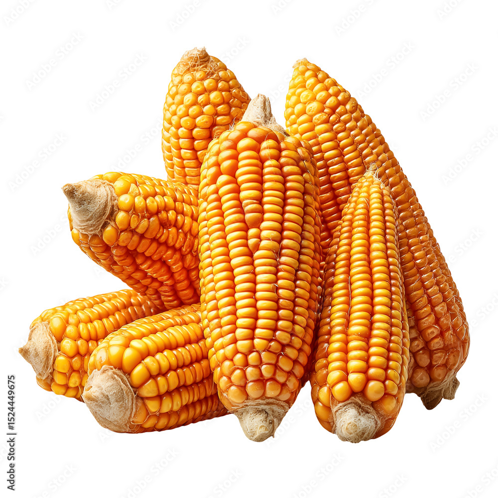 Fototapeta premium Whole yellow corn kernel cluster with vibrant shine and balanced lighting, isolated on a white or transparent background. Ideal for food packaging, advertising, and nutrition-themed designs.
