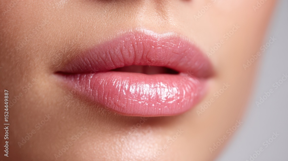 Fototapeta premium Softly illuminated lips feature a glossy pink hue that reflects light beautifully. The smooth texture highlights careful grooming and enhances the overall elegance of the look