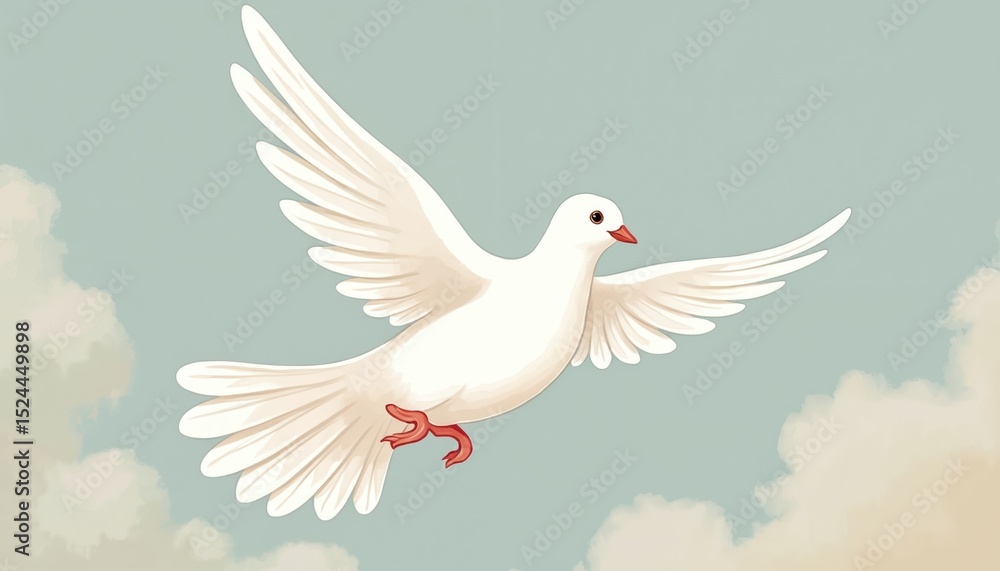Fototapeta premium Hand drawn flying white dove bird illustration, minimal design. Sign of peace, hope, rebirth, holy spirit religion symbol, faith. Church concept. Simple cartoon character in the sky.