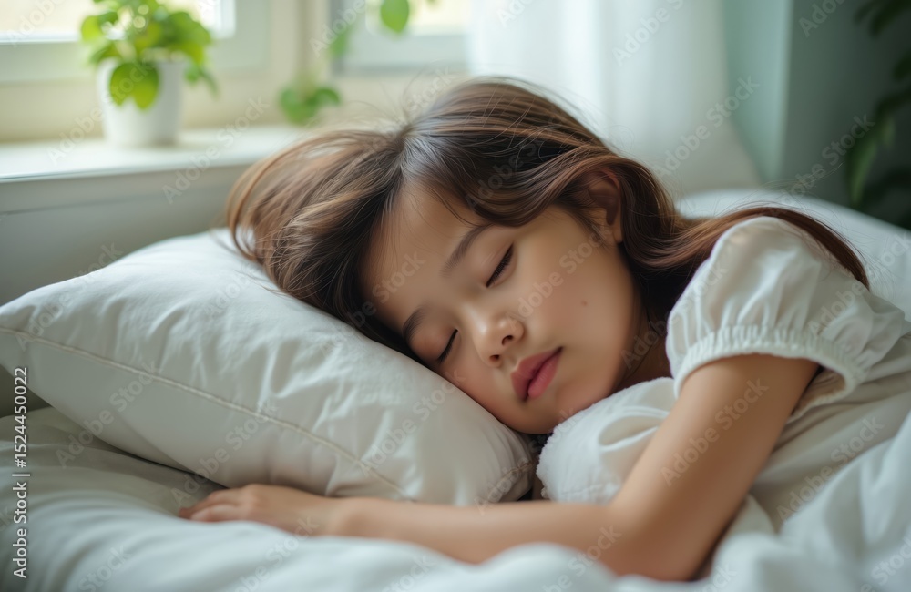 Young girl sleeping in bed. Calm face resting on pillow. Bedroom morning time. Soft light from window. Girl sleeps with closed eyes. Children sleep rest in home. Peaceful moment. Young girl sleeping in bed. Calm face resting on pillow. Bedroom morning time. Soft light from window. Girl sleeps with closed eyes. Children sleep rest in home. Peaceful moment.