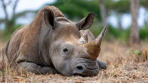 This image captures a rhino lying comfortably on a sunlit grassland, emphasizing both its robust physique and serene demeanor within a vibrant ecosystem.