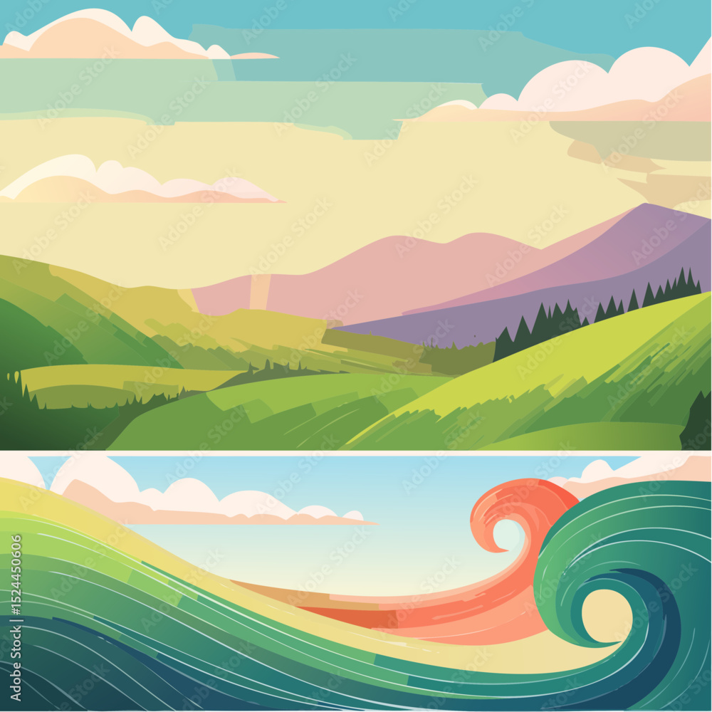 Obraz premium Minimalist Wavy Swirl Vector Background Set