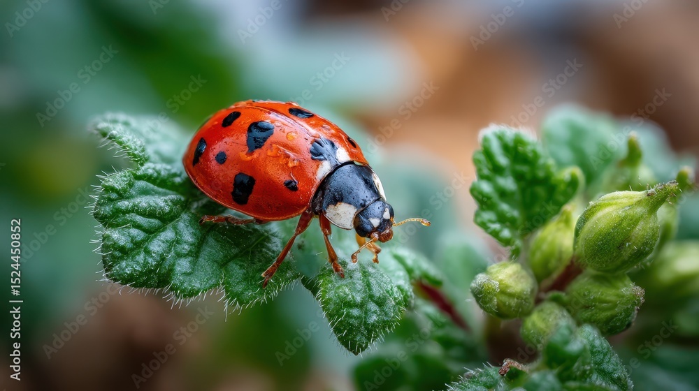Obraz premium This stunning close-up captures a vibrant ladybug resting on a lush green leaf, showcasing intricate details and colors found in nature's beauty and harmony.