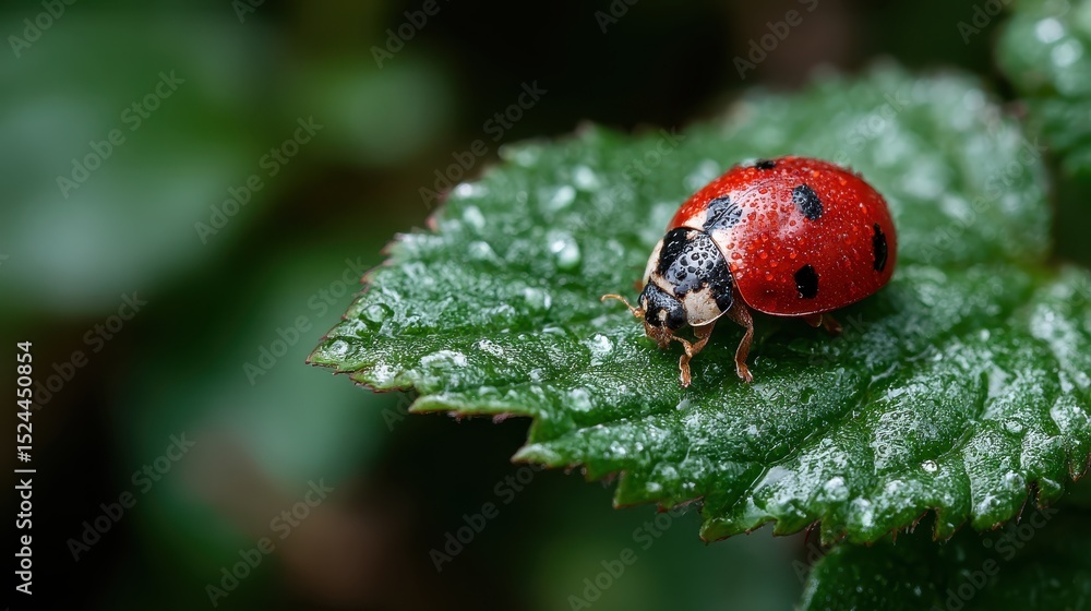 Fototapeta premium A close view of a ladybug, adorned with raindrops, creates a striking image of a vibrant insect on a leaf, emphasizing the beauty of nature's details after rainfall.